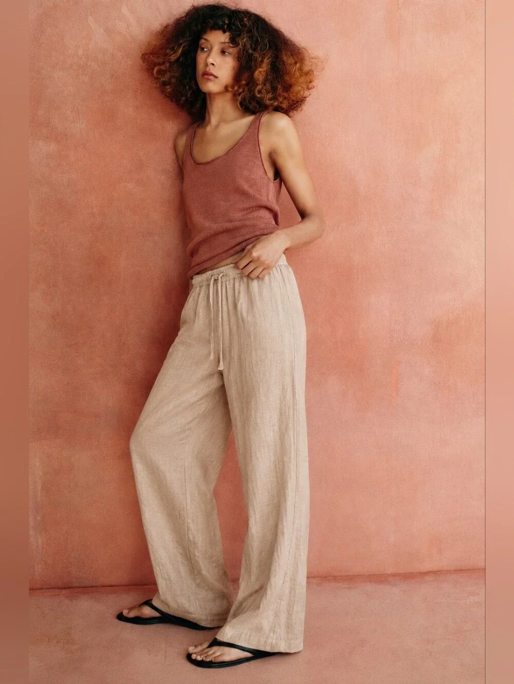 Zara 100% Linen Drawstring Wide Leg Pants Warm Beige XS